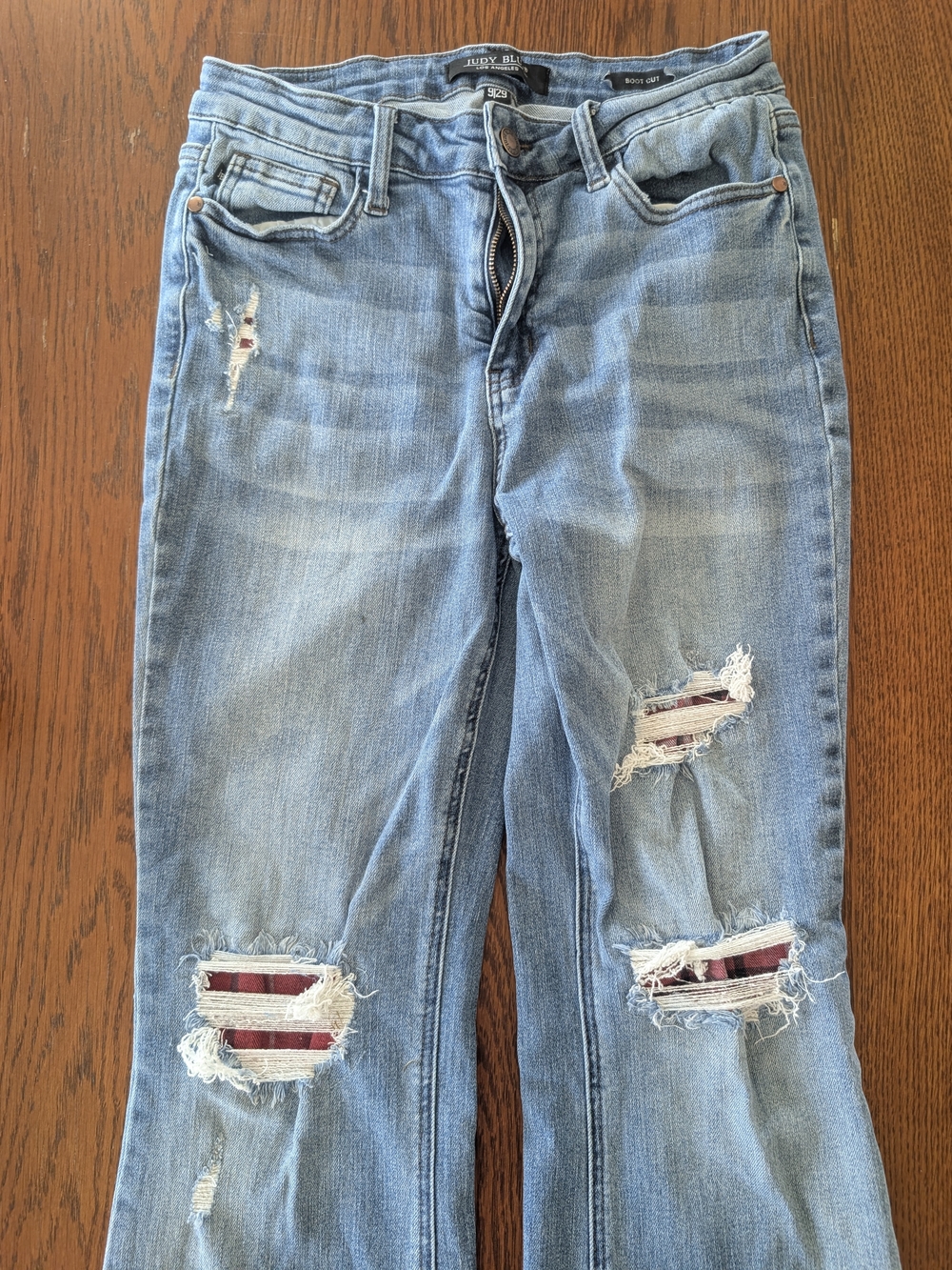 Judy Blue Distressed Red Plaid Patch Jeans | Stretch Denim